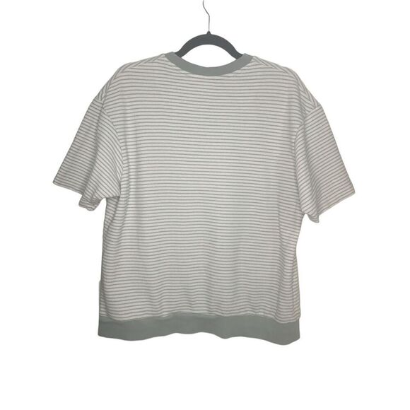 ZARA Women’s Large Textured T-Shirt Green White Striped Heavyweight Hipster - Picture 4 of 5